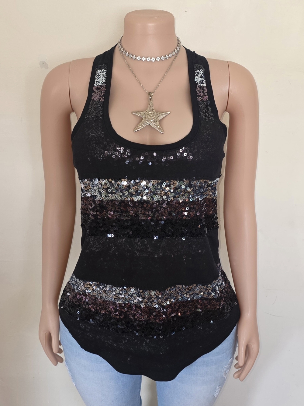Express Black Sequin Racerback Tank Top
